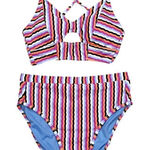 Jessica Simpson  Got The Groove Blue Mist Multi Striped Bikini Size Small Photo 0