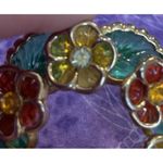 Vintage Gold Tone Poured Glass Orange Yellow Flower Floral Leaves Brooch‎ Pin Photo 1