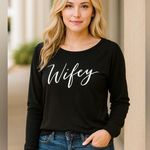 New Wifey Wide Neck Off the Shoulder Long Sleeve Tee Shirt Top Black sz Small Photo 0