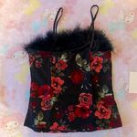 Boutique designer silky black rose all over tank top with fur neckline (L) NEW Photo 3