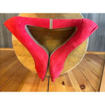 Moda Spana  10M  Red Suede Leather Peep Toe Chunky High Heel Pumps Shoes Photo 5