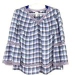 Chico's Linen Blouse Top Crochet Trim 3/4 Sleeve Blue Purple Plaid Medium Size 2 Photo 0