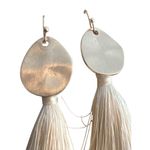 3 Tiered Tassel Earrings Gold Tone Disc Cream Thread Statement Jewelry 3.5" NWOT Photo 2