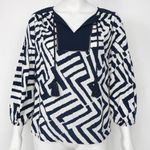 Chico's  Travelers Collection Top Women Medium Navy White Tunic Geometric Boho NWT Photo 0