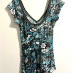 Free People Rare Vintage Y2K V Neck T-shirt Teal Grey White Flowers Women's sz S Photo 1