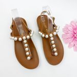 Stuart Weitzman Women’s Goldie Pearl Demi Wedge Thong T-Strap Sandals Tan White Photo 1