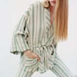 ZARA  The Beth Kimono Jacket Rustic Green Tan Stripe Belted Woven Cotton Photo 10