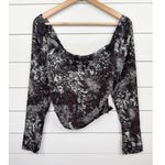 Open Edit Long Sleeve Cropped Top Brown Abstract Off Shoulder Ruched Boho Sz XS Blue Photo 1