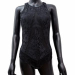 Jessica Simpson ‎ Black Lace Halter Bodysuit M – Floral Mesh Panel Back Keyhole Photo 0