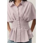 Anthropologie Exquise The Tobie Pleated Blouse Short-Sleeve Purple Stripe Medium Photo 2
