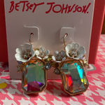 Betsey Johnson  Gold Earrings with Iridescent Gems.  NIP Photo 0