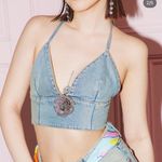 ZARA  BARBIE™ THE MOVIE @WARNER BROS. DENIM CROP TOP Size S rhinestone flower Photo 0