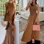 ZARA NWT brown smocked halter neck ruched stretchy contrasting midi dress Photo 1