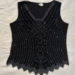 Vintage MSK Black beaded vest tank top silver accents cut work uneven hem detail Size L Photo 0
