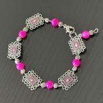Handmade NEW Super Cute Beaded & Link Bracelet Silver Tone Hot Pink & Pink Enamel Photo 1