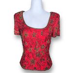 Vintage Papell Boutique Blouse Red Black Silk Embellished Metallic Floral Design Photo 9