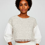 ZARA Tweed Fringe Boxy Crop Top White Black Balloon Sleeve Blouse XL Textured Photo 0