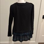Loft New With Tags  Black Sweatshirt With Blackwatch Plaid Ruffle Hem Sz M Photo 3