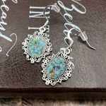 Vintage Carved Spotted Turquoise Resin Oval Cabochons Steel Dangle Earrings Blue Photo 2