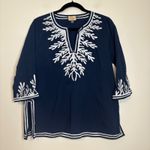 Elie Tahari Womens Tunic Top M/M Navy Blue Silver Embellished 3/4 Sleeve Photo 0