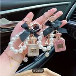 Elegant Beaded Pearls & Rhinestone Perfume Bottle Keychain with Bow, Alloy Metal Pink Photo 3