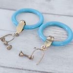 Vintage Screw On Earrings Bright Blue Retro Circle Dangle Photo 3