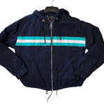 Forever 21 Navy Blue Full Zip up Hooded Jacket Windbreaker with Teal Stripes L Photo 0