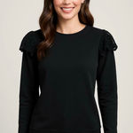 Bobeau  - cotton sweatshirt black crochet shoulder Ruffles detail Sz Small Photo 0