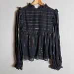 Farm Rio  Metallic Stripe Ruffle Shirt Blouse Women's Small Black Top Boho NWOT Photo 10