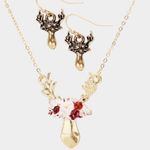 Brand New Boutique Watercolor Moose Necklace & Earring Set Gold Photo 0
