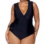 Raisin's Black One Piece Swimsuit Plus Size 22W Ruched V-Neck Glattering Tie Photo 0
