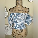 Gianni Bini Ivory/Blue French Toile Print Off Shoulder Blouse Size Extra Small Photo 2