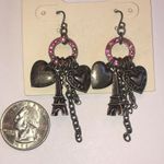 Disney Aged Silver Tone Pink CZ Hearts Eiffel Tower Parks Earrings Photo 2