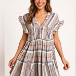 New Lulus double V neck tie back cover up dress dusty orange/blue/white Medium Orange Photo 0