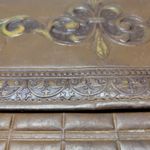 Antique Tooled Leather Clutch Handbag Brown Gold Taffeta Kiss Lock Handle Purse Photo 11