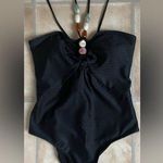 BLACK 1960S SOLID TEXTURED BANDEAU HALTER SWIMSUIT, STONE DETAIL; L Size L Photo 0
