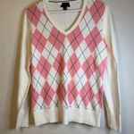 Tommy Hilfiger  Sweater Womens Large Ivory Pink Argyle V Neck Pima Cotton Knit Photo 0