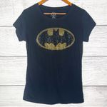 DC Comics Black Fitted Tee with Gold Embellished Batman Logo Women’s Size Large Photo 1