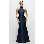 Alfred Sung  High-Neck Halter Open-Back Satin Trumpet Dress In Midnight Navy Photo 0