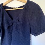 Ann Taylor LOFT cotton navy v-neck blouse puffed sleeves knot front women's S Photo 1