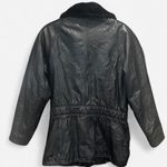Vintage 90s Metropolitan New York Leather Jacket Fur Collar Cinched Waist Medium Black Photo 2