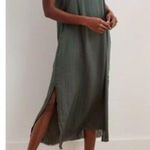 Aerie Green Satin Slip Midi Dress with Slits Raw Frayed Hem Size Xs Photo 1