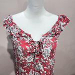 American Eagle  Dress Women Medium Red Floral Short Shift Ruffle Neck Sleeveless Photo 3