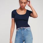 Lulus  Ribbed Knit Crop Top Size S Blue Baby Tee Striped Minimalist Soft‎ Girl Photo 2