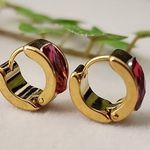 Gold with Pink Crystal Huggie Cuff Hoop Earrings Photo 1
