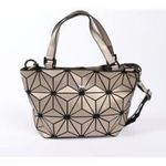 Geometric Patent Mini Satchel Crossbody – Cream & Black – Top Handle + Strap Tan Photo 4