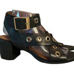 River Island ASOS Black Leather Heeled Sandals Gold Eyelet Detail Size 40 US 9 Photo 0