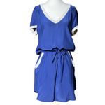 Amanda Uprichard  Womens Dress Sz L Blue White 100% Silk Drawstring V-neck Mini Photo 1