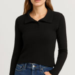 We The Free  Black Waffle Knit Collared Long Sleeve Top‎ Photo 0