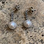 Sterling Silver 7mm Sunburst Button Freshwater Pearl CZ Halo Drop Earrings 925 Photo 2